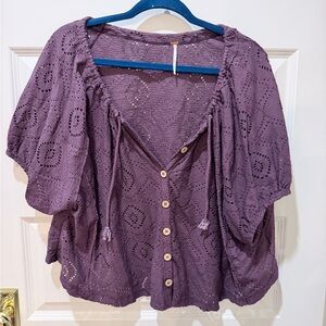 Free People Boho Eyelet Button-Front Top in Purple